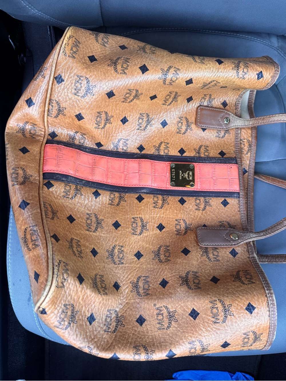 MCM Cognac Visetos Tote with Coral Croc-Effect Strap